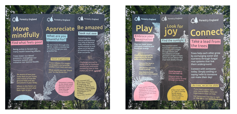 An image of two Forestry England signs for Mental Health Awareness Week 2024.